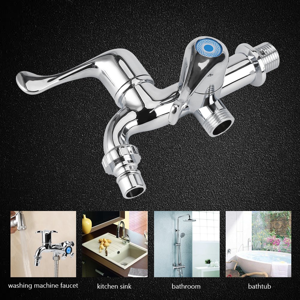 Fdit Water Tap Faucet Sink Basin Single Cooler Mixer Tap Double Spout Double Switch for Washing Machine Kitchen Sink Garden (Tail Handle)