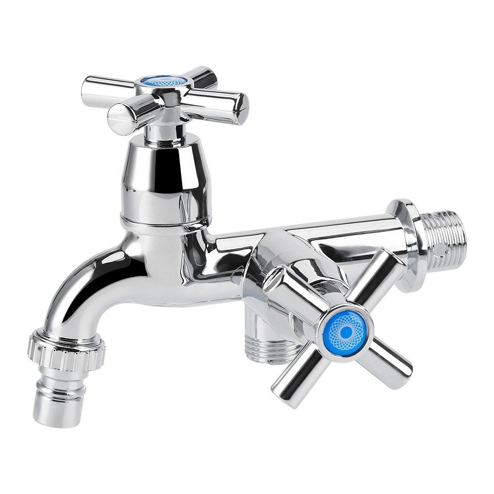 Fdit Water Tap Faucet Sink Basin Single Cooler Mixer Tap Double Spout Double Switch for Washing Machine Kitchen Sink Garden (Blossom Handle)