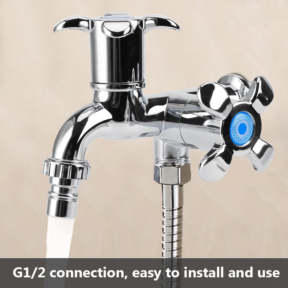 Fdit Water Tap Faucet Sink Basin Single Cooler Mixer Tap Double Spout Double Switch for Washing Machine Kitchen Sink Garden (Blossom Handle)