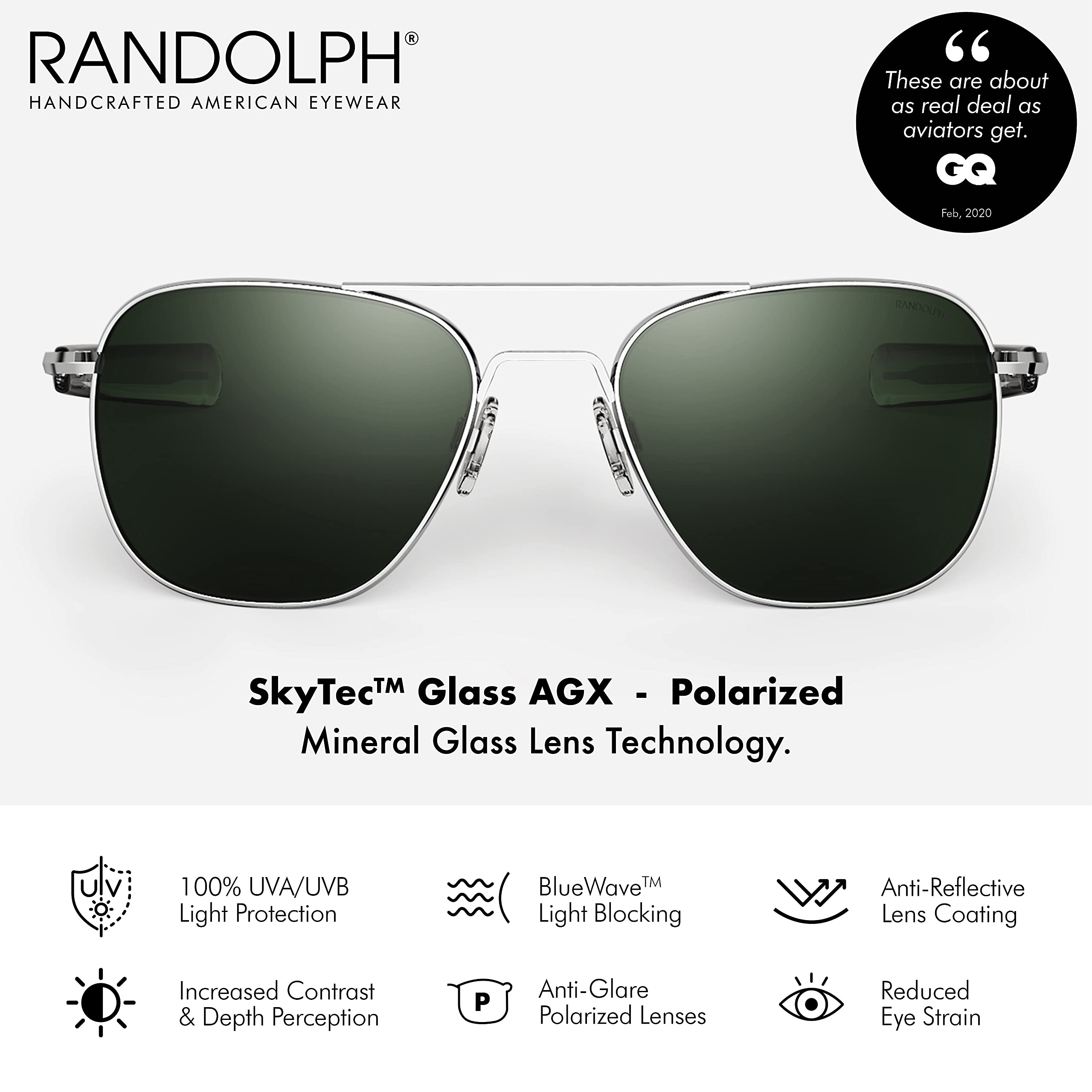 Randolph USA | Bright Chrome Classic Aviator Sunglasses for Men or Women Polarized 100% UV