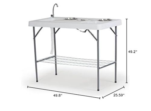 Old Cedar Outfitters Deluxe Fish Fillet Table, or Portable Folding Camping Kitchen with Cutting Board, Bowls, Knife, Odor Bar, Sink, Drain and More! 49.8" x 25.6" x 37.2", White,Camp