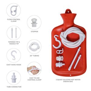 Enema Bag Clean Anal Silicone Douche for Men Women BPA Free (2 Quart) Hot Water Bottle - Coffee, Shower, Douche & Home Adult Enema Kit (Red)