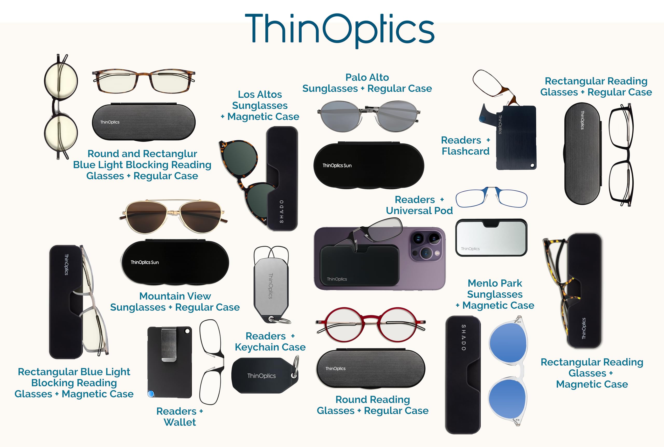 ThinOptics Keychain Case and Readers Rectangular Reading Glasses, Black, 44 mm + 2.5 dioptre