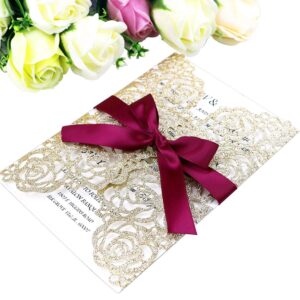 ponatia 25pcs hollow rose laser cut wedding invitations cards with envelopes, printable paper with burgundy ribbons for wedding bridal shower engagement sweet 16 birthday invite (gold glitter)