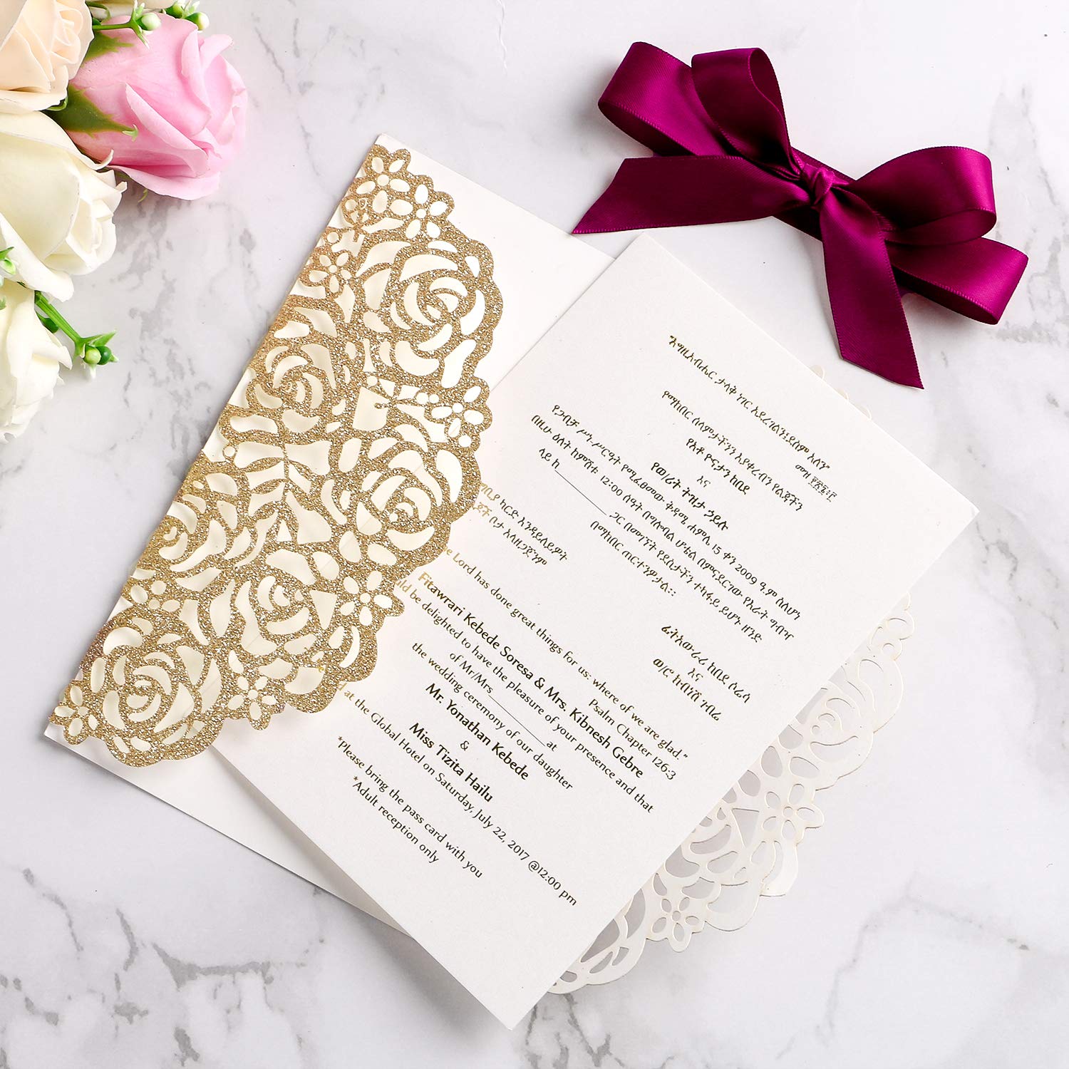 ponatia 25PCS Hollow Rose Laser Cut Wedding Invitations Cards with Envelopes, Printable Paper with Burgundy Ribbons For Wedding Bridal Shower Engagement Sweet 16 Birthday Invite (Gold Glitter)