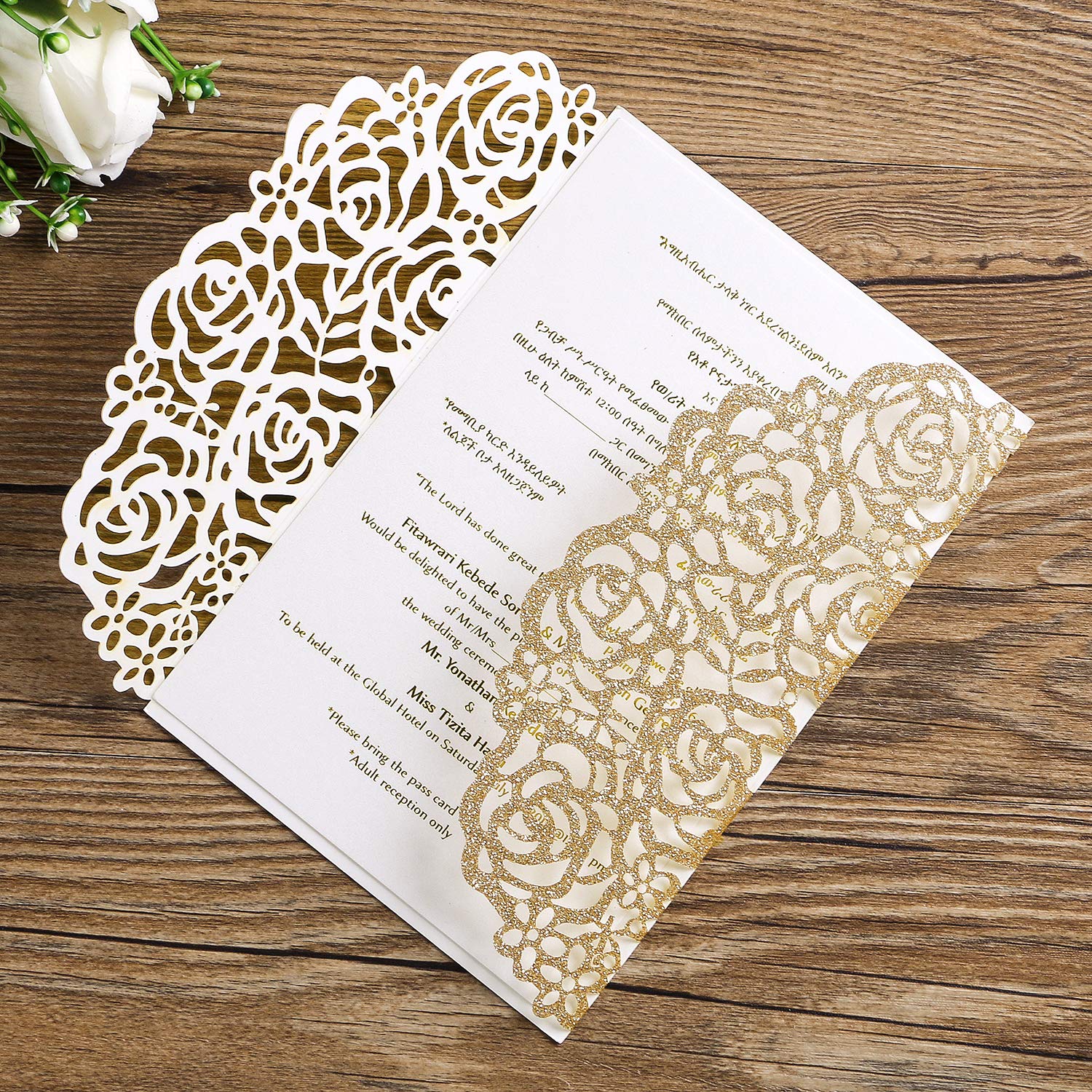 ponatia 25PCS Hollow Rose Laser Cut Wedding Invitations Cards with Envelopes, Printable Paper with Burgundy Ribbons For Wedding Bridal Shower Engagement Sweet 16 Birthday Invite (Gold Glitter)