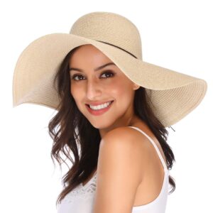 Lanzom Womens Wide Brim Straw Hat Big Floppy Foldable Roll up Cap Beach Sun Hat UPF 50+(String-Beige)