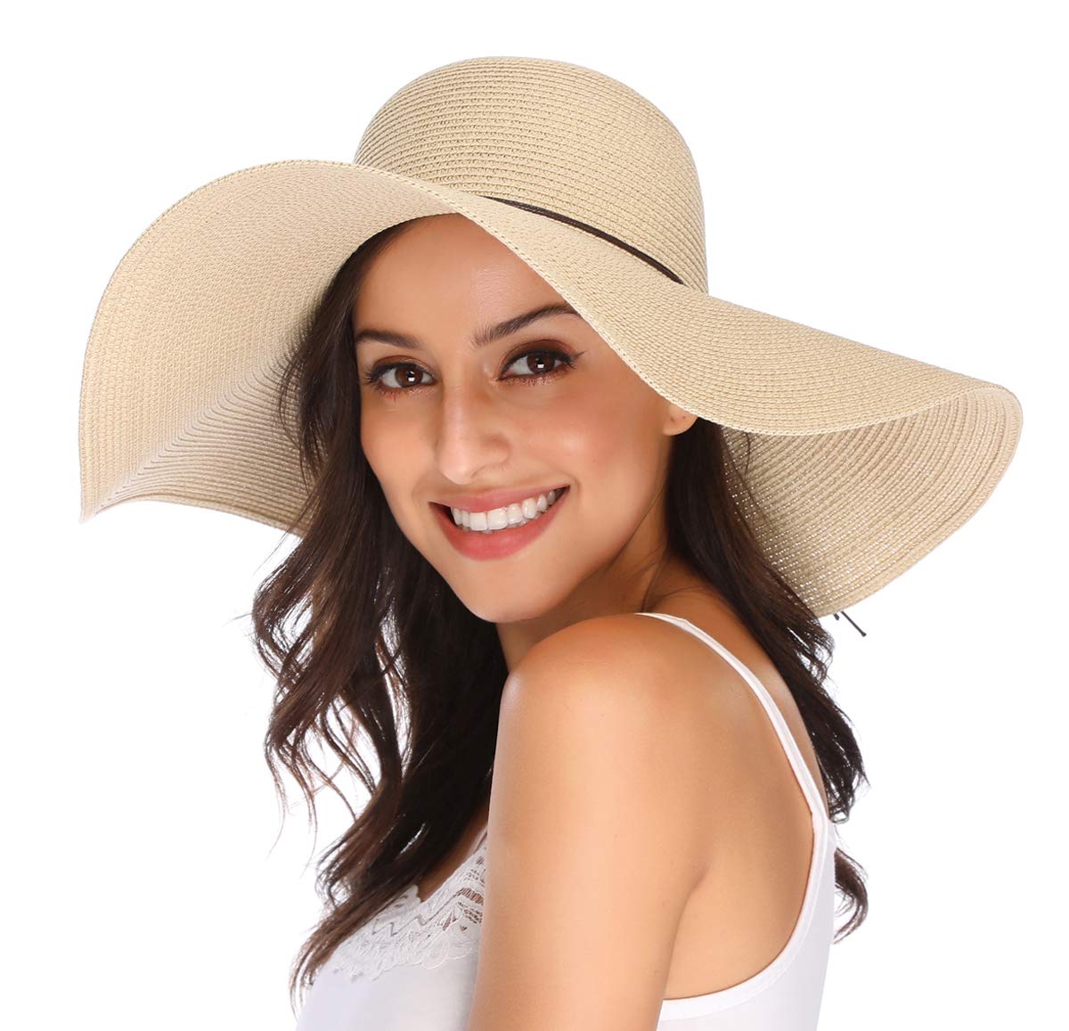 Lanzom Womens Wide Brim Straw Hat Big Floppy Foldable Roll up Cap Beach Sun Hat UPF 50+(String-Beige)