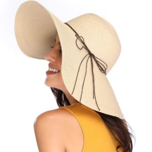 Lanzom Womens Wide Brim Straw Hat Big Floppy Foldable Roll up Cap Beach Sun Hat UPF 50+(String-Beige)