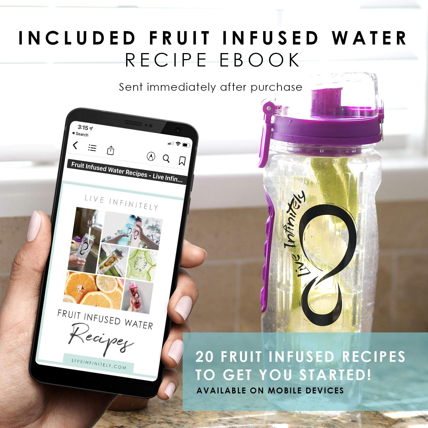 Live Infinitely 32 oz. Fruit Infuser Water Bottles With Time Marker, Insulation Sleeve & Recipe eBook - Fun & Healthy Way to Stay Hydrated (Mintgreen Timeline, 32 Ounce)