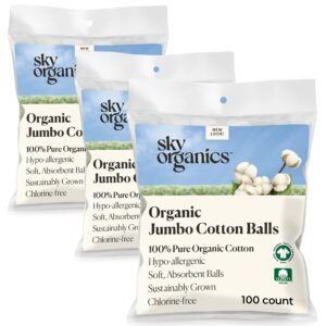 sky organics organic jumbo cotton balls for sensitive skin, 100% pure organic cotton sustainably grown, chlorine free, hypoallergenic, ultra-soft and absorbant for beauty & personal care, 300 ct.