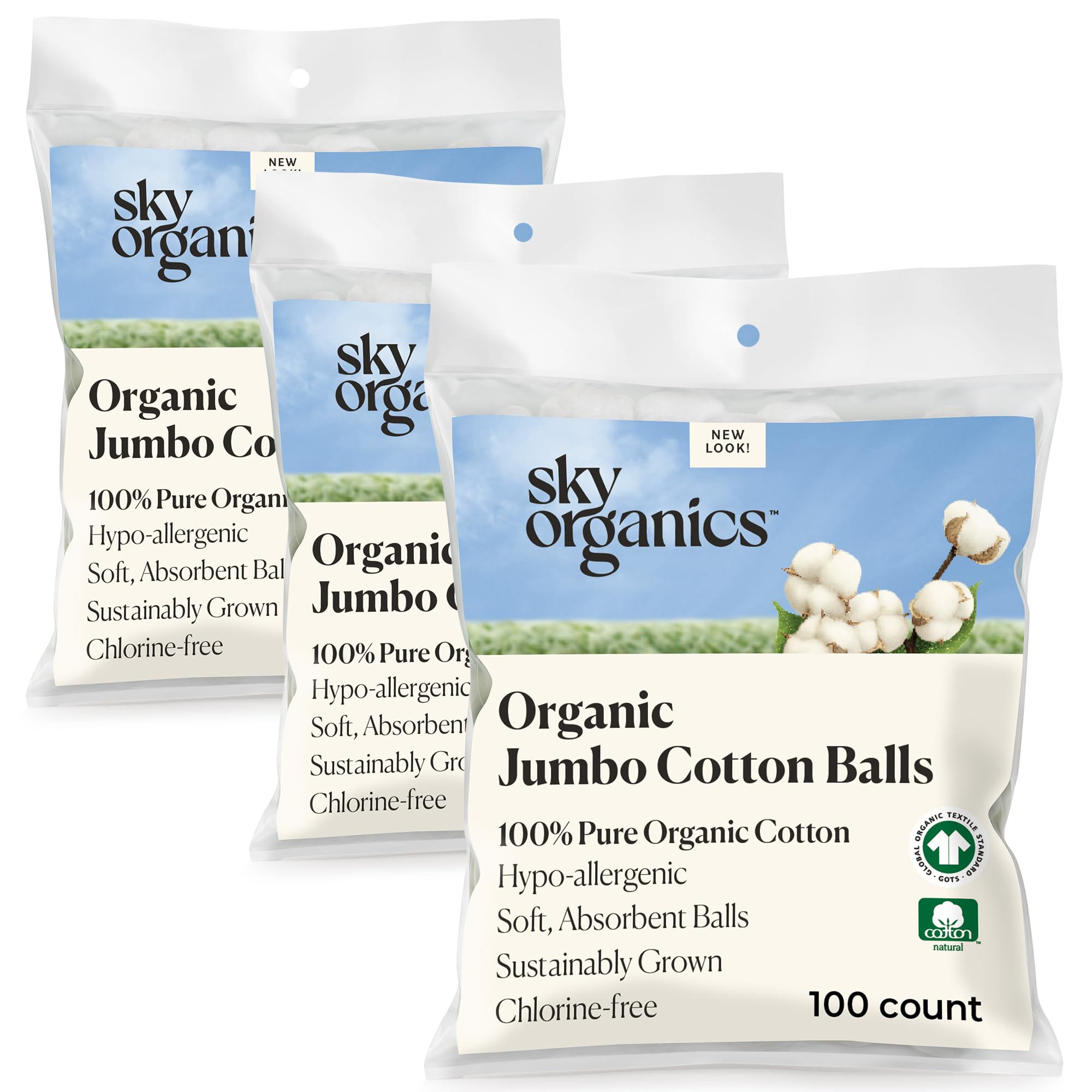 Sky Organics Organic Jumbo Cotton Balls for Sensitive Skin, 100% Pure Organic Cotton Sustainably Grown, Chlorine Free, Hypoallergenic, Ultra-Soft and Absorbant for Beauty & Personal Care, 300 ct.