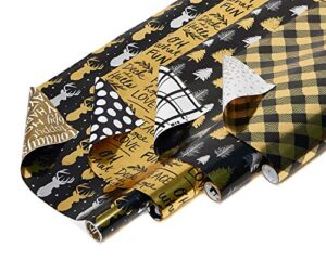 american greetings 80 sq. ft. reversible christmas wrapping paper bundle, black and gold foil, plaid, trees and reindeer (4 rolls 30 in. x 8 ft.)