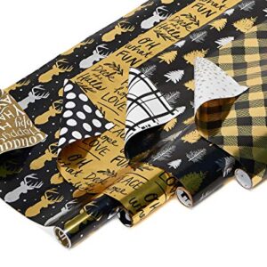 American Greetings 80 sq. ft. Reversible Christmas Wrapping Paper Bundle, Black and Gold Foil, Plaid, Trees and Reindeer (4 Rolls 30 in. x 8 ft.)