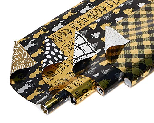 American Greetings 80 sq. ft. Reversible Christmas Wrapping Paper Bundle, Black and Gold Foil, Plaid, Trees and Reindeer (4 Rolls 30 in. x 8 ft.)