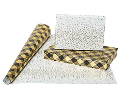 American Greetings 80 sq. ft. Reversible Christmas Wrapping Paper Bundle, Black and Gold Foil, Plaid, Trees and Reindeer (4 Rolls 30 in. x 8 ft.)