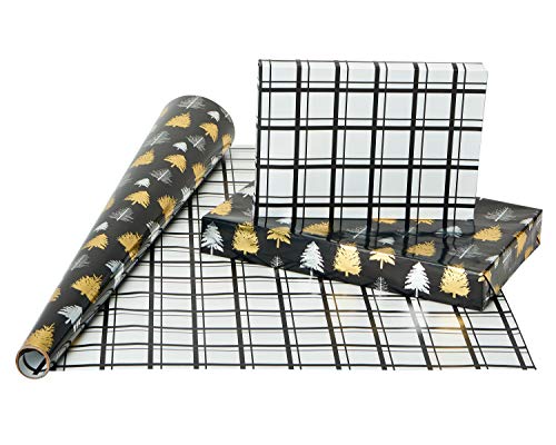 American Greetings 80 sq. ft. Reversible Christmas Wrapping Paper Bundle, Black and Gold Foil, Plaid, Trees and Reindeer (4 Rolls 30 in. x 8 ft.)