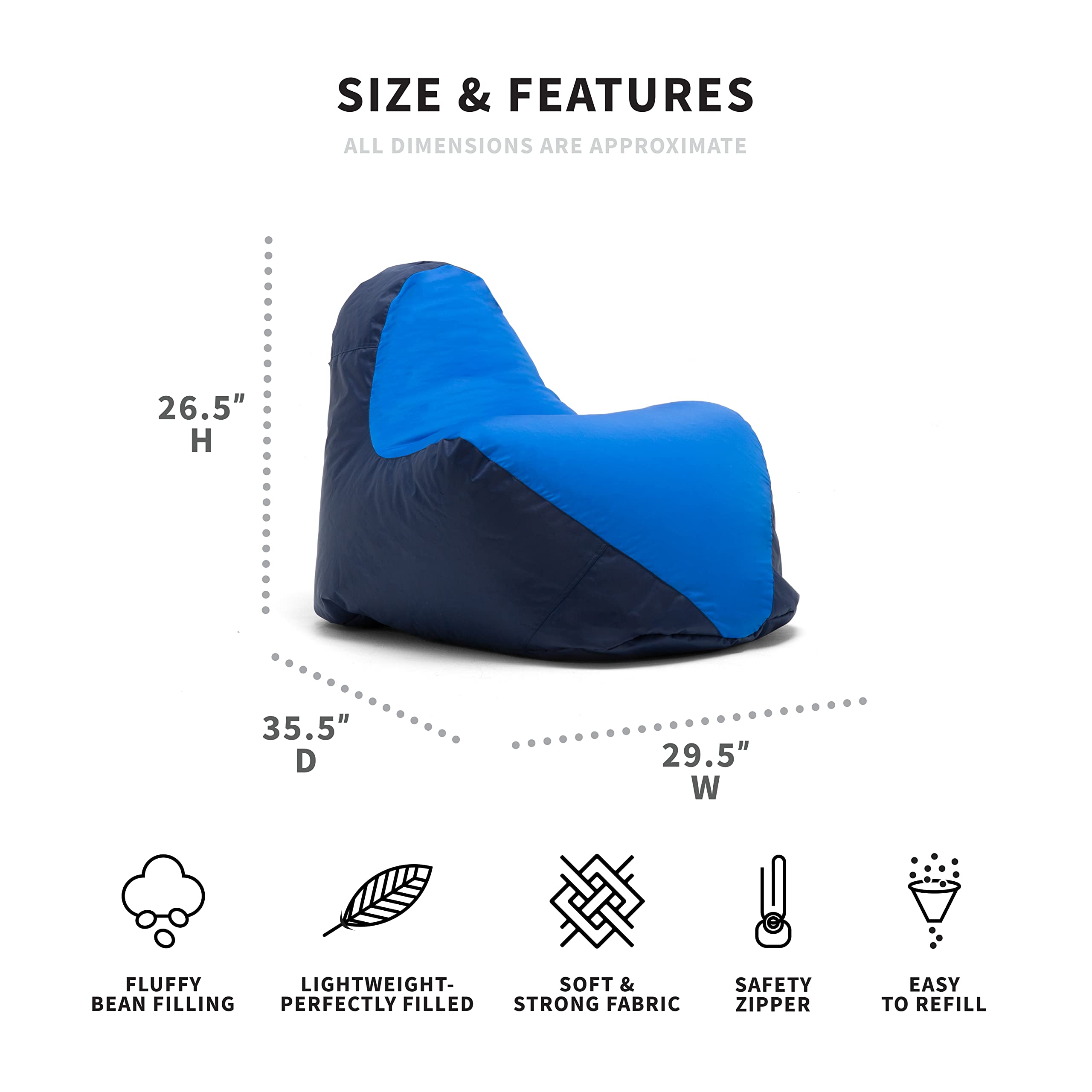 Big Joe Warp Bean Bag Chair, Blue/Navy Spandex and Smartmax, Durable Polyester Nylon Blend, 2.5 feet