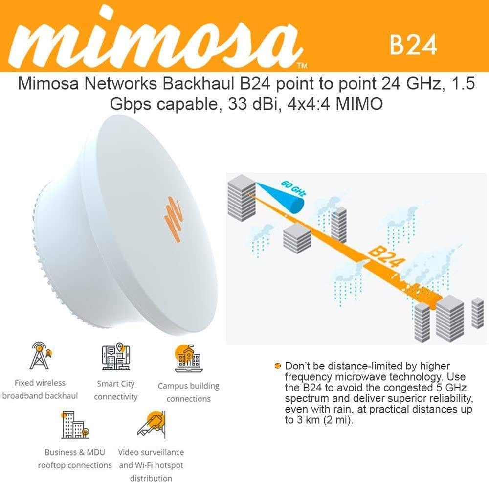 Mimosa Backhaul B24 Point-to-Point 24 GHz, 1.5 Gbps Capable, 33 dBi, 4x4:4 MIMO, PoE Power Supply, Gigabit ethernet (RJ45) and gigabit Fiber (SFP cage), Operation Modes: Hot Standby