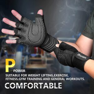 ihuan Ventilated Weight Lifting Gym Workout Gloves with Wrist Wrap Support for Men & Women, Full Palm Protection, for Weightlifting, Training, Fitness, Hanging, Pull ups