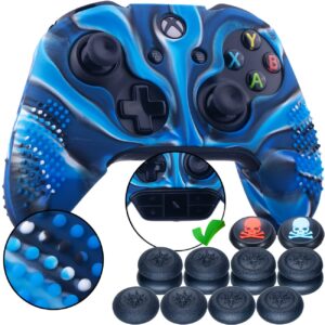 9CDeer 1 Piece of Studded Protective Silicone Cover Skin Sleeve Case + 8 Thumb Grips Analog Caps for Xbox One/S/X Controller Camouflage Blue Compatible with Official Stereo Headset Adapter