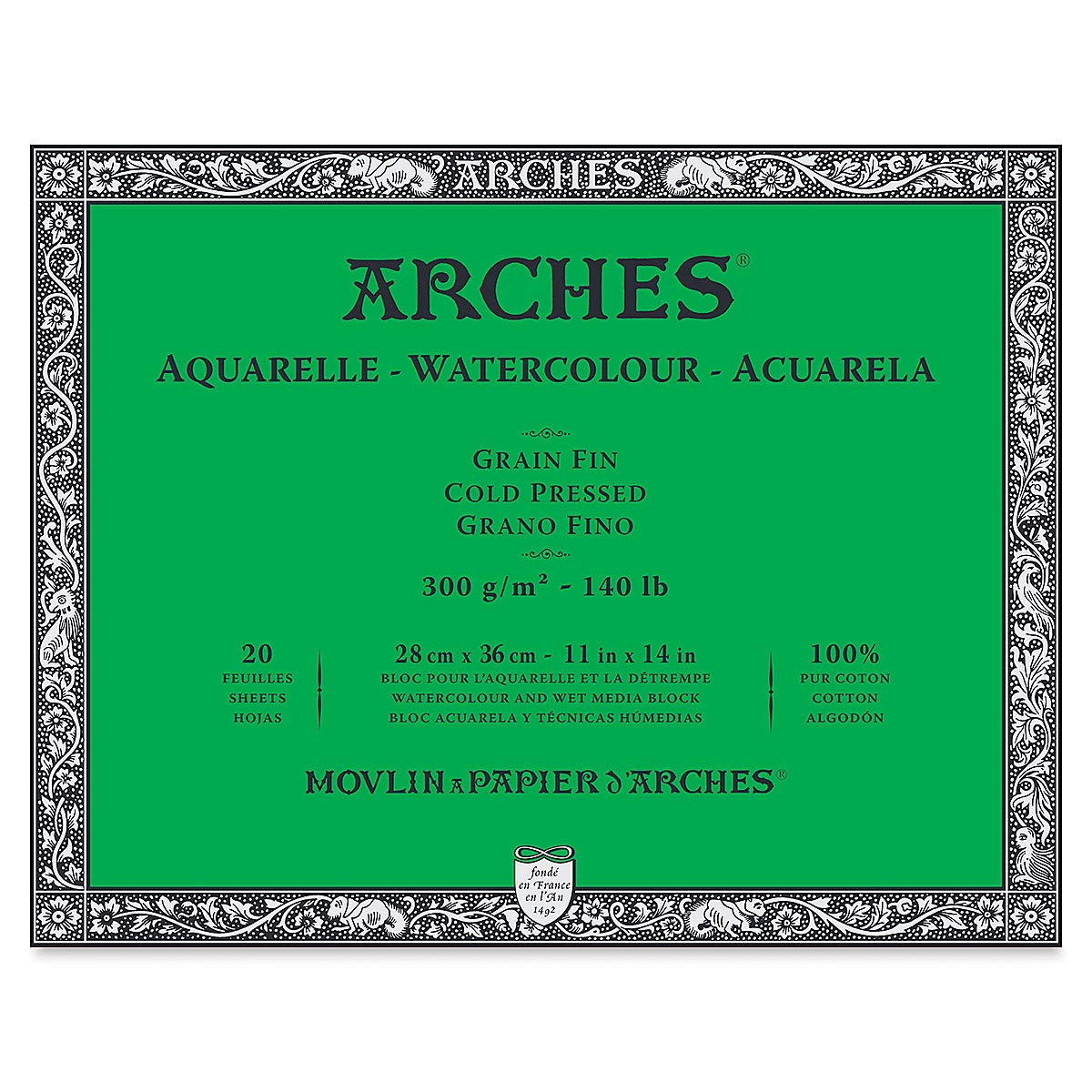 Arches Watercolor Block 11x14-inch Natural White 100% Cotton Paper - 20 Sheets of Arches Watercolor Paper 140 lb Cold Press - Arches Art Paper for Watercolor Gouache Ink Acrylic and More