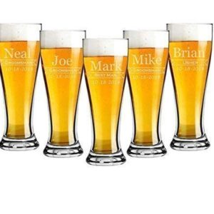 Groomsmen 16 ounce Pilsner Pint Beer Glass Sets of 2 to 12 Custom Engraved including Choices of Design and Text