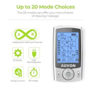 AUVON Dual Channel TENS Unit Muscle Stimulator Machine with 20 Modes, 2" and 2"x4" TENS Unit Electrode Pads