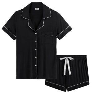 Ladies Button Down Pj Sets Jersey Knit Pajama Short Sleeve Loungewear lightweight/Lightweight(Black,Small)