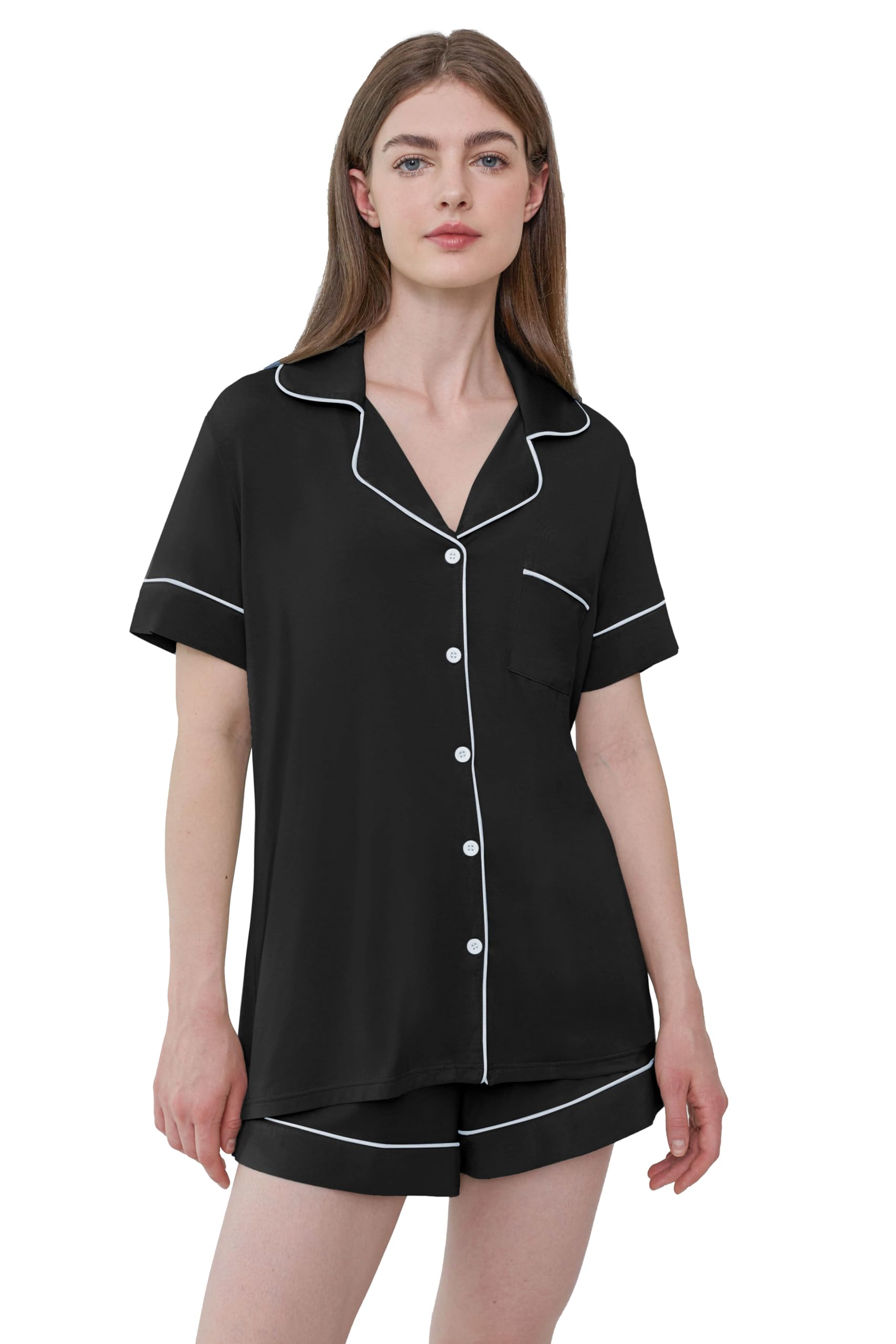 Ladies Button Down Pj Sets Jersey Knit Pajama Short Sleeve Loungewear lightweight/Lightweight(Black,Small)