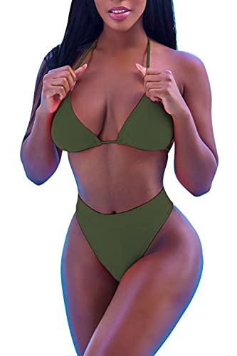 ALBIZIA Women's Sexy Brazilian Triangle Swimsuit 3 Piece Bathing Suit XL Army Green