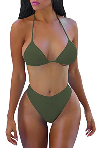 ALBIZIA Women's Sexy Brazilian Triangle Swimsuit 3 Piece Bathing Suit XL Army Green