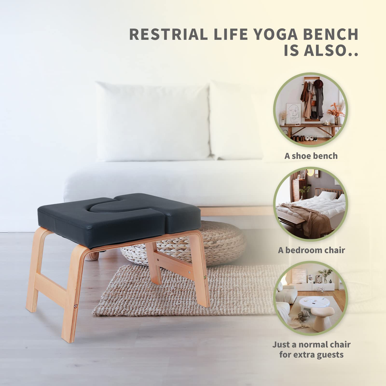 Restrial Life Yoga Headstand Bench- Stand Yoga Chair for Family, Gym - Wood and PU Pads - Relieve Fatigue and Build Up Body (Black), 24.50*15*15.40inch