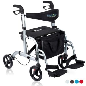 Health Line Massage Products 2 in 1 Rollator-Transport Chair w/Paded Seatrest, Reversible Backrest and Detachable Footrests, Silver White