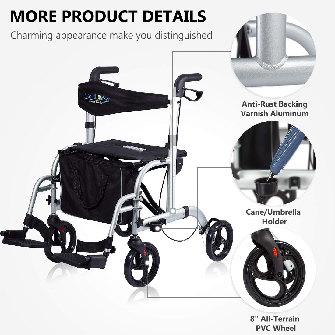 Health Line Massage Products 2 in 1 Rollator-Transport Chair w/Paded Seatrest, Reversible Backrest and Detachable Footrests, Silver White