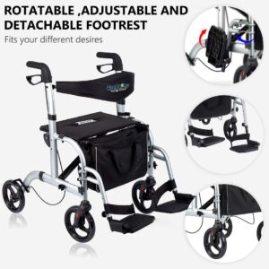 Health Line Massage Products 2 in 1 Rollator-Transport Chair w/Paded Seatrest, Reversible Backrest and Detachable Footrests, Silver White