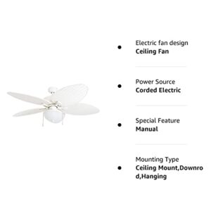 Honeywell Ceiling Fans Inland Breeze, 52 Inch Tropical Indoor Outdoor Ceiling Fan with Light, Pull Chain, Three Mount Options, Weather Resistant Blades - 50511-01 (White)