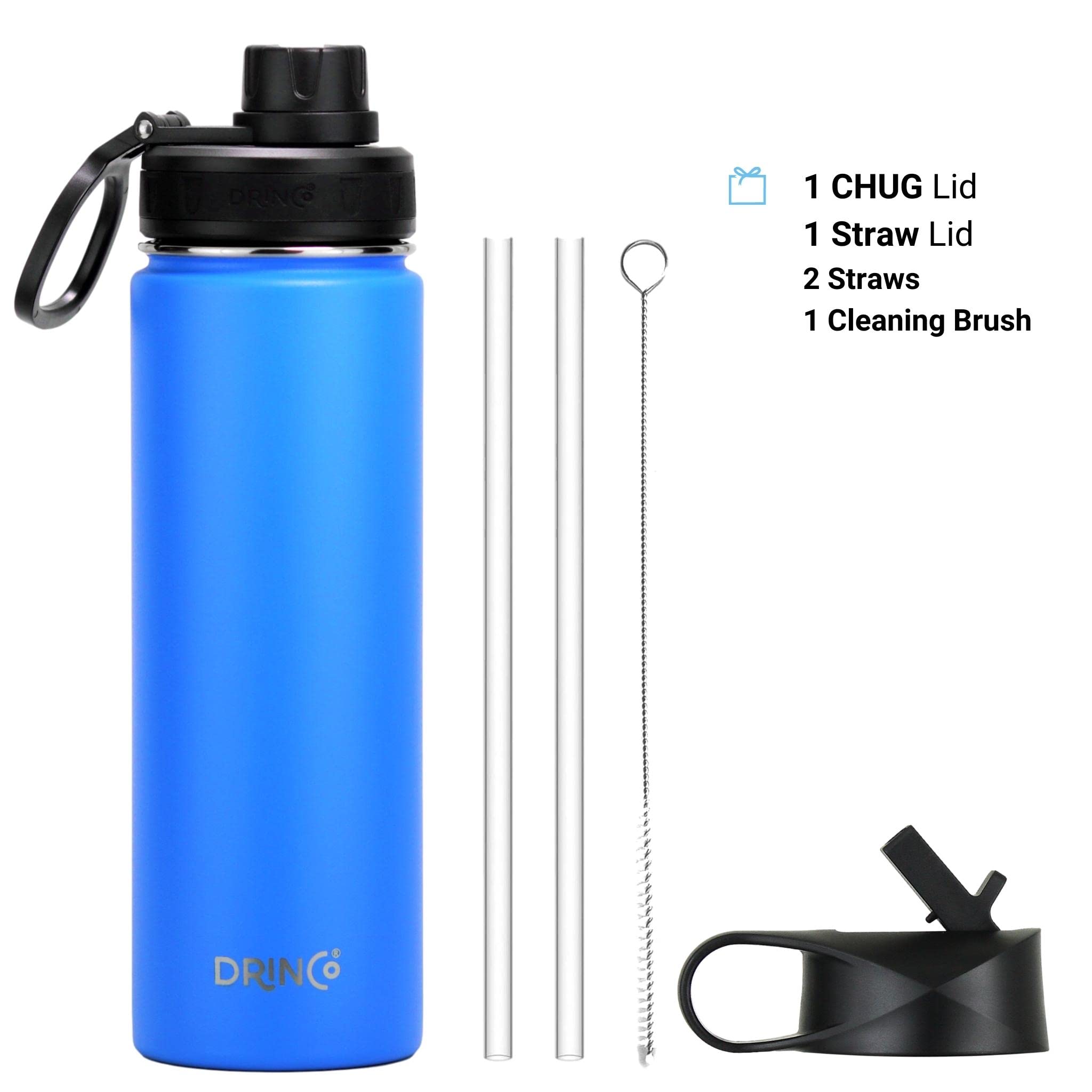 DRINCO Stainless Steel Water Bottle Spout Lid Vacuum Insulated Double Wall Water Bottle Wide Mouth (40oz 32oz 22oz 18oz 14oz) Leak Proof Keeps Cold or Hot (22 oz, 22oz Royal Blue)