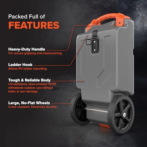 Camco Rhino 15-Gallon Portable Camper / RV Tote Tank - Features Large Heavy-Duty No-Flat Wheels & Low Drain Hole - Includes Removable Steel Tow Adapter, 3’ RV Sewer Hose & More RV Accessories (39000)