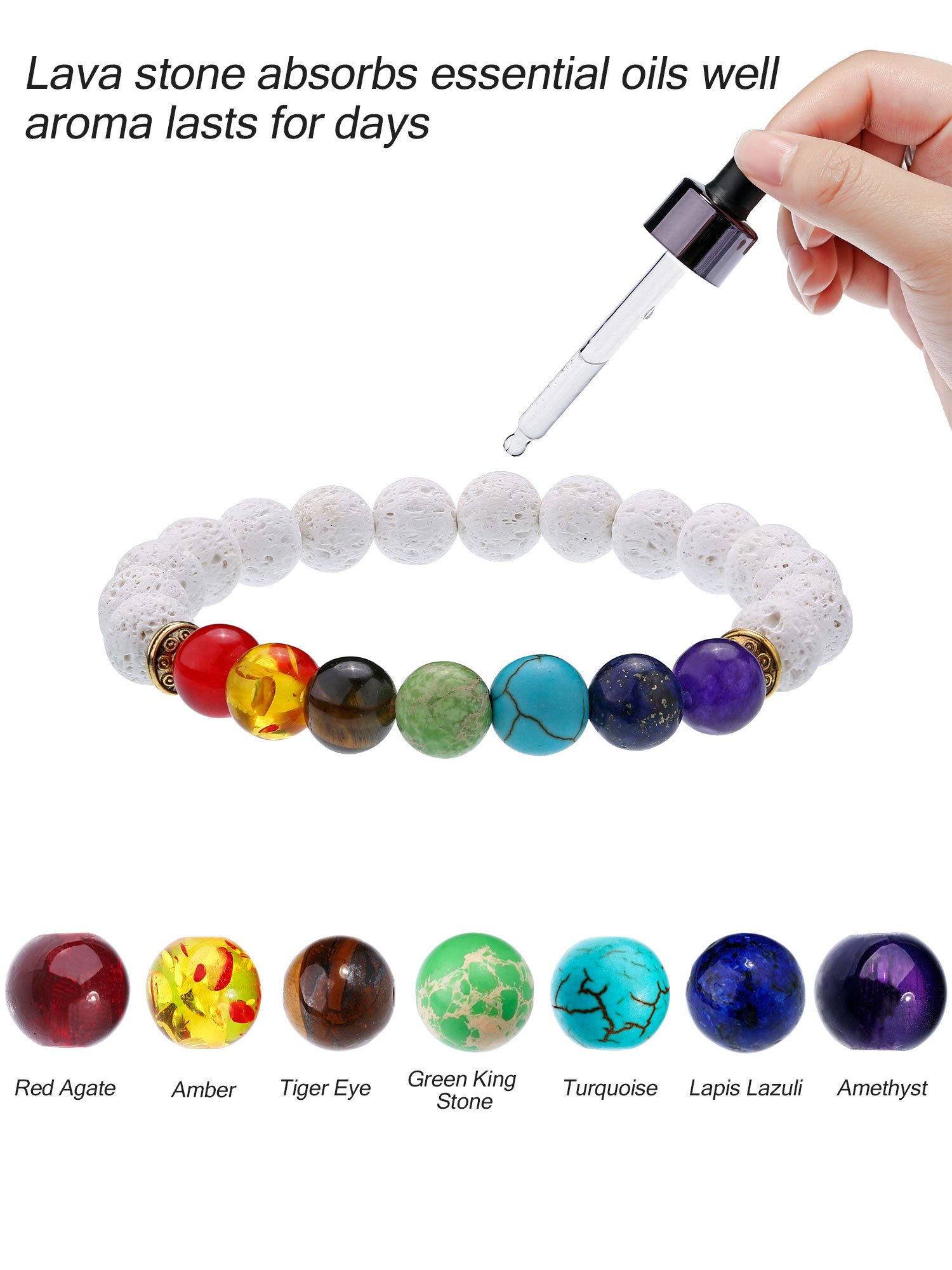 Bememo 4 Pieces Chakra Bracelets for Men Women Aromatherapy Essential Oil Diffuser Lava Stone Bracelets for Yoga Bracelets 7 Colors Chakra Beads