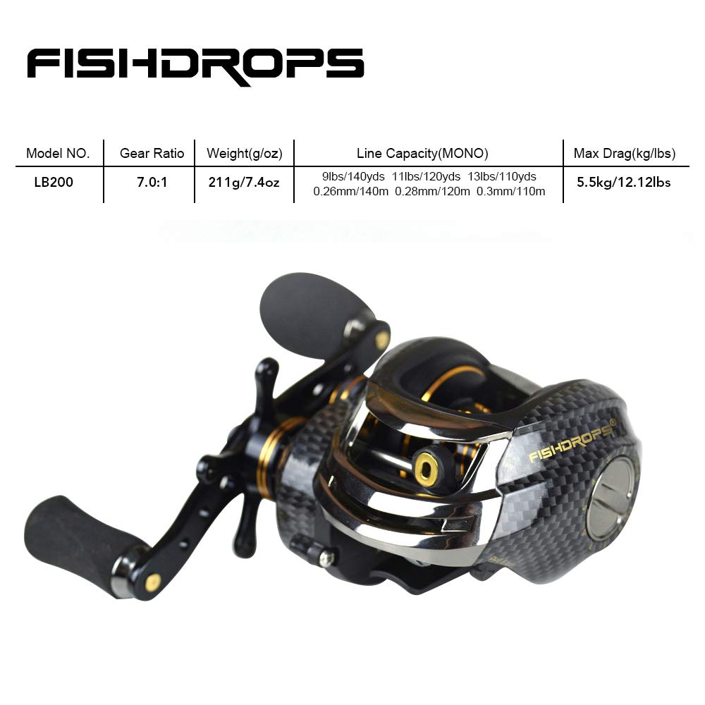 FISHDROPS Baitcasting Reels, 17+1BB Magnetic/Centrifugal Brake Systems Baitcaster Reel, High-Speed Gear Ratio 7.0 Ultra Smooth Low Profile Baitcast Fishing Reel