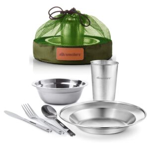 unique complete messware kit polished stainless steel dishes set| tableware| dinnerware| camping| includes - cups | plates| bowls| cutlery| comes in mesh bags (single person green)