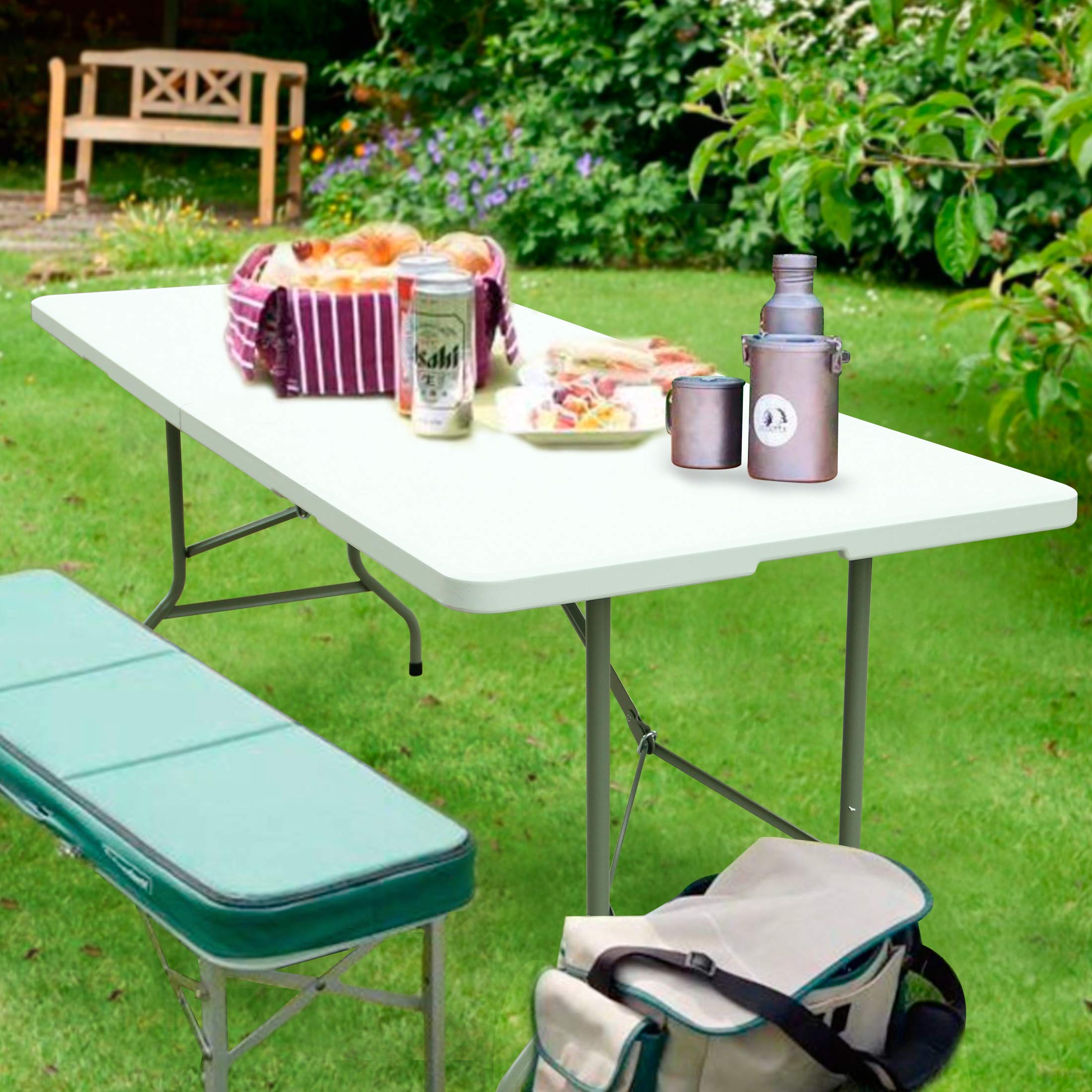 FORUP 6ft Table, Folding Utility Table, Fold-in-Half Portable Plastic Picnic Party Dining Camp Table (White)