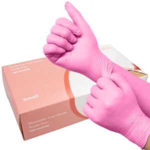 100 Pack Pink Vinyl Disposable Gloves - Latex Free and Power Free Food Grade Exam Gloves for Cleaning Food Prep Kitchen Use, Small