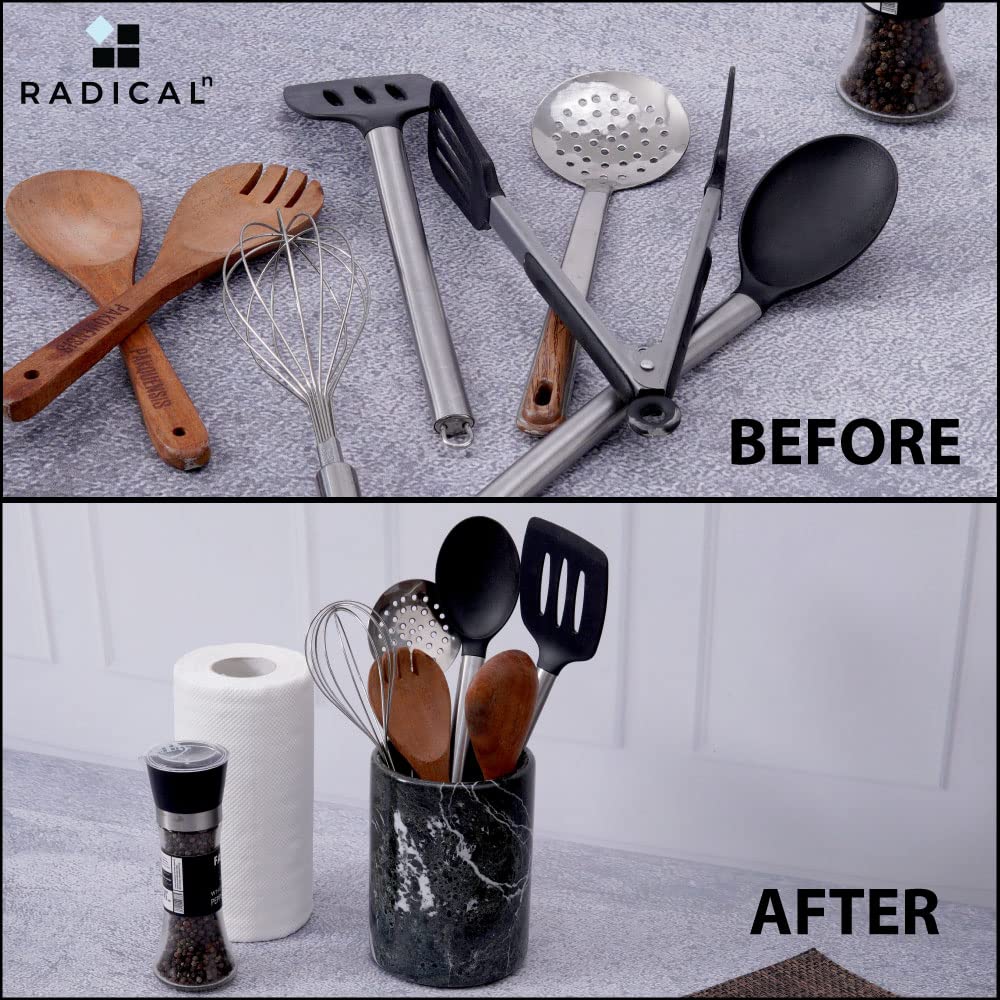 Radicaln Marble Utensil Holder Spoon Caddy Countertop Black Handmade Kitchen Utensils Set Organizer - 5 Inch Flatware Chopstick Canister Utensil Holders – Home Accessories (BZ-03)