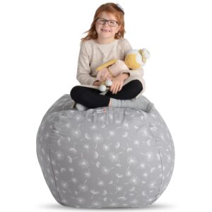 creative qt stuff ’n sit large 33’’ bean bag storage cover for stuffed animals & toys – gray dandelion print – toddler & kids’ rooms organizer – beanbag makes great plush toy hammock alternative