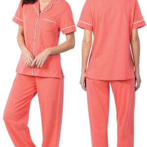 PajamaGram Cotton Womens Pajama Sets - Summer Pajamas for Women, Coral, M 10-12