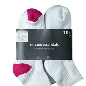 Amazon Essentials Women's Cotton Lightly Cushioned Ankle Socks, 10 Pairs, White, 8-12