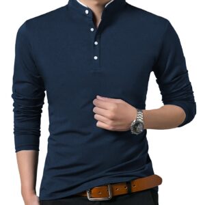 KUYIGO Men’s Casual Slim Fit Shirts Long Sleeve Polo Shirts Cotton Shirts Medium Navy