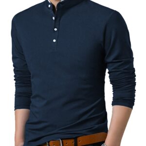 KUYIGO Men’s Casual Slim Fit Shirts Long Sleeve Polo Shirts Cotton Shirts Medium Navy